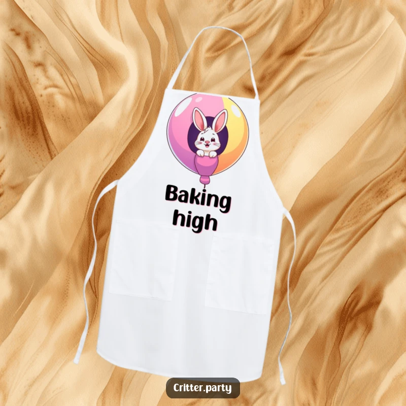 Funny apron featuring a giggling bunny character peeking out from a giant, colorful balloon, perfect for cooks who love to surprise.