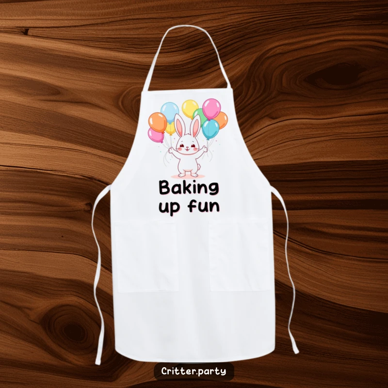 Funny kawaii bunny juggling colorful balloons at a party, a practical and cheerful apron for kitchen festivities.