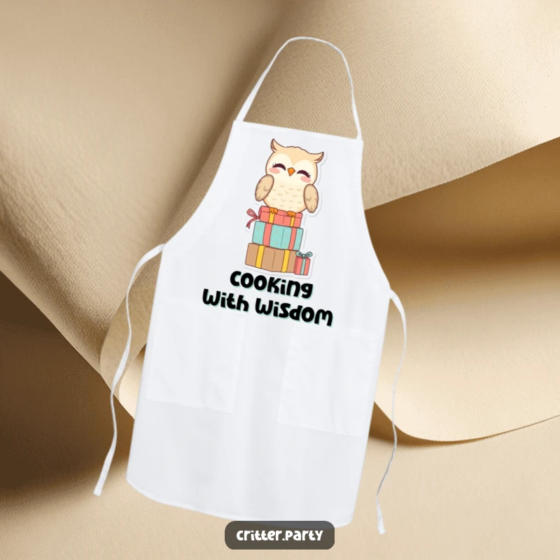 Funny apron featuring a smiling owl perched on a stack of presents, looking amused, for a witty and humorous cooking experience.