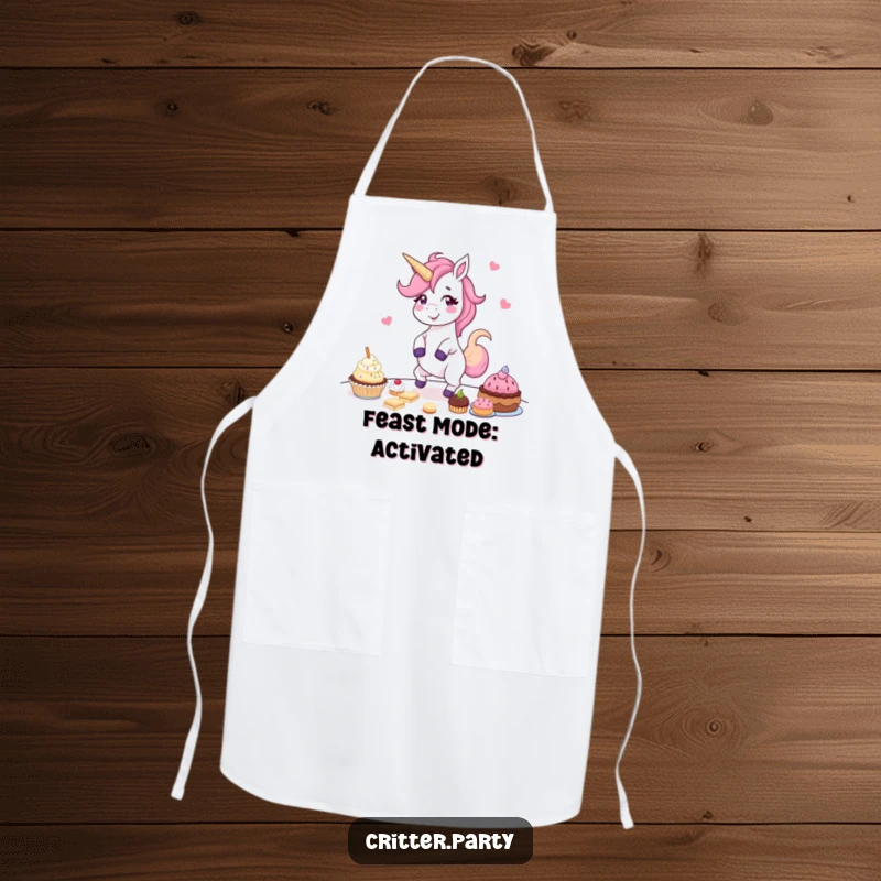 Funny apron with a giggling unicorn dancing around a table laden with treats, ideal for a playful cook or baker.