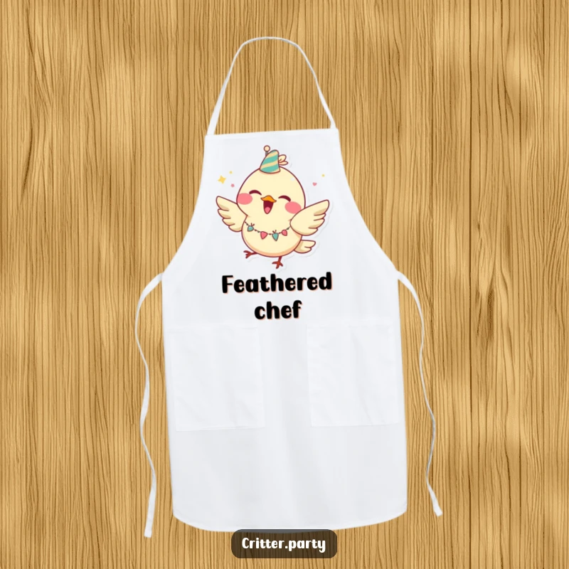 Funny bird apron showing a joyful character with a huge grin, wearing a party garland and fluttering while ready to cook.