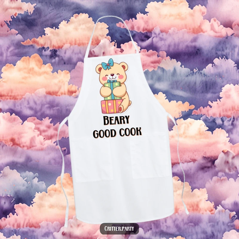 Funny apron showcasing a happy bear hugging presents, ideal for protecting clothes while cooking or baking, adding humor to the kitchen.