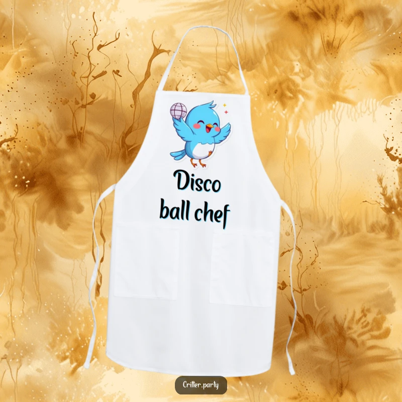 Funny blue bird apron holding a tiny disco ball, dancing with joy while cooking, perfect for adding festive cheer, great for a gift.