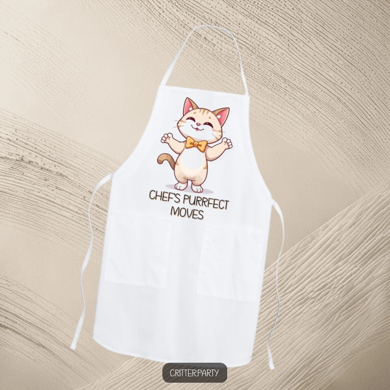 Funny apron featuring a happy cat wearing a bow tie, dancing with energy and bringing joy to the kitchen.