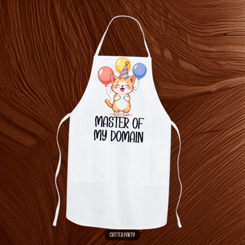 Funny cat in a party hat, juggling balloons, printed on a practical apron for a humorous cooking or crafting experience.
