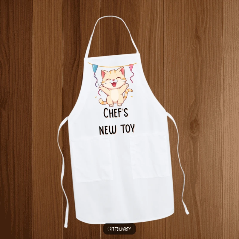 Funny cat apron with a playful cat batting at a dangling party streamer, bringing humor and feline fun to the kitchen.