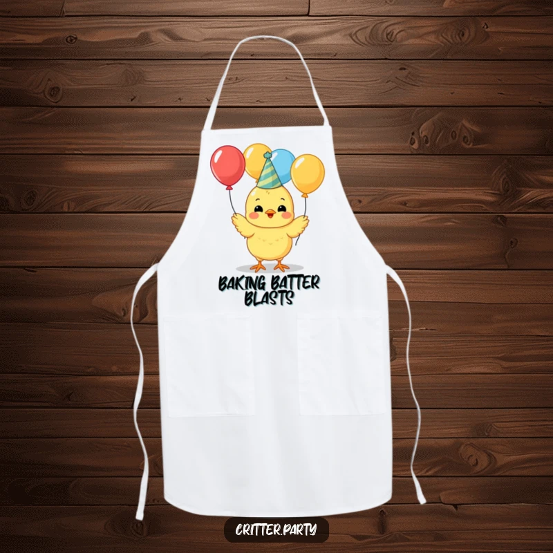 Funny cute yellow chick wearing a party hat, juggling colorful balloons on a kitchen apron, perfect for festive cooking.