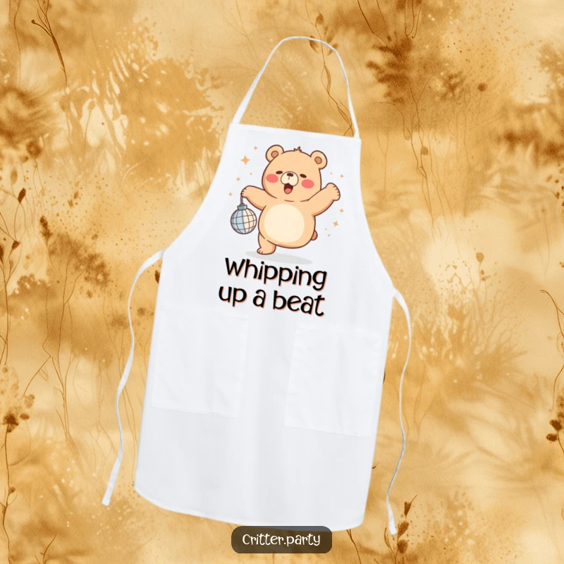 Funny chubby bear dancing with a tiny disco ball, printed on a practical apron for a humorous and stylish cooking experience.