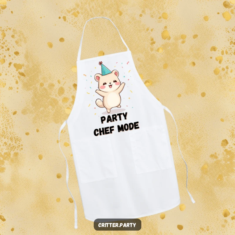 Funny apron featuring a small, energetic animal character in a party hat, dancing with confetti, ready for a kitchen party.