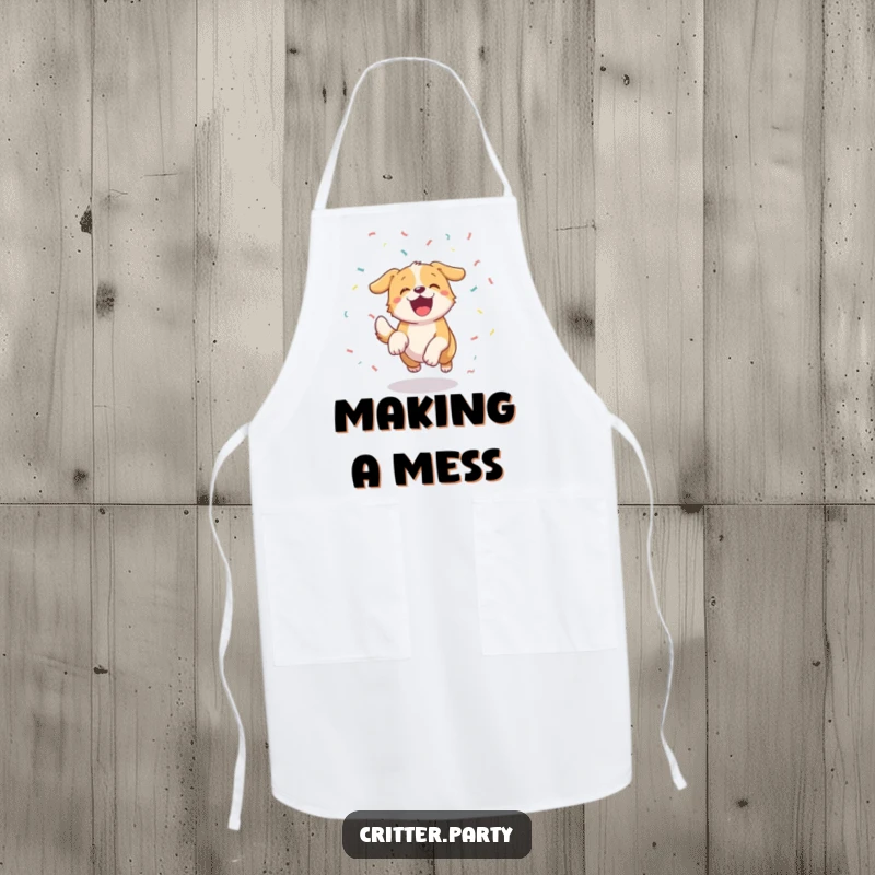 Funny excited dog with a wagging tail, joyfully chasing confetti, printed on a practical apron for a humorous cooking experience.