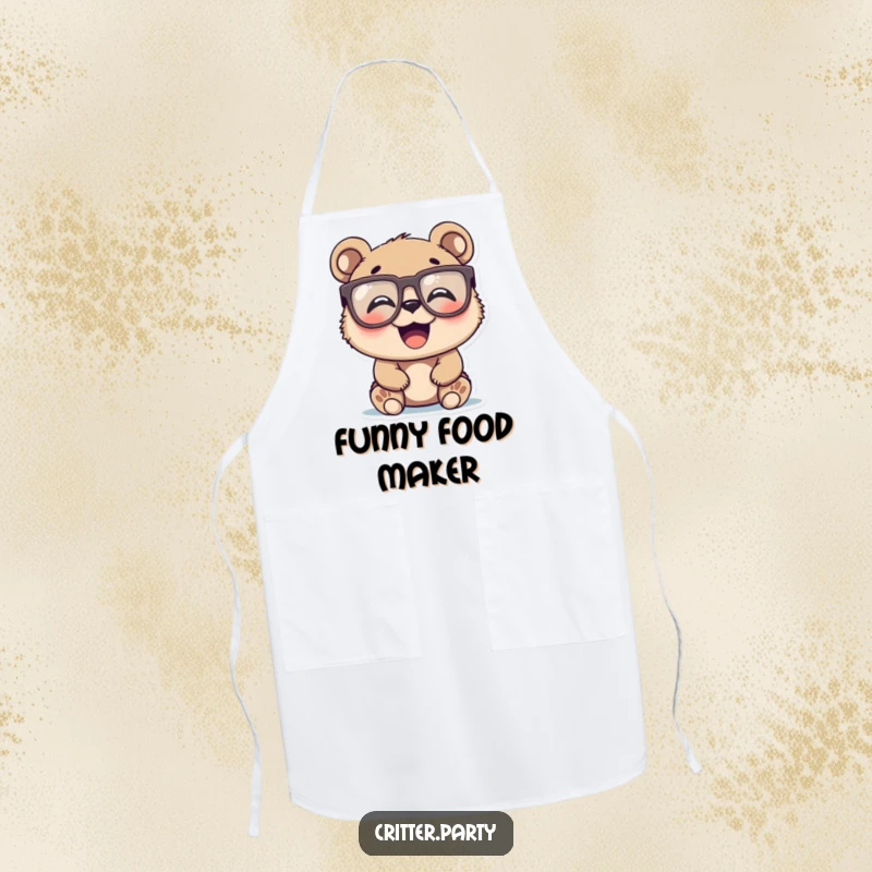 Funny happy bear cub wearing large novelty glasses, laughing heartily, on a functional kitchen apron, a great funny gift.