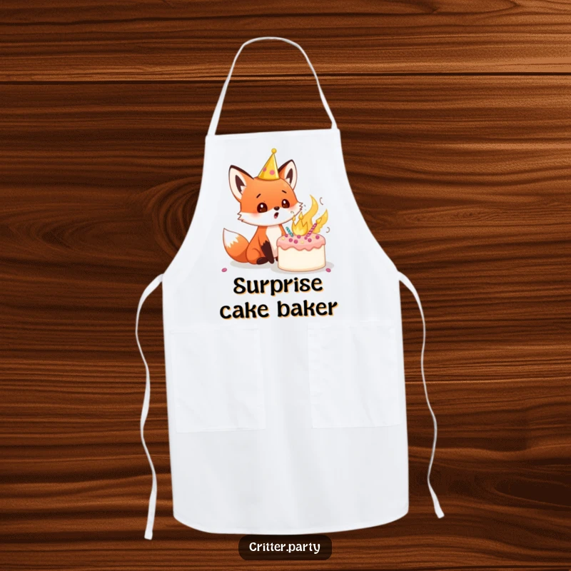 Funny red fox cub apron wearing a tiny crown, looking surprised at an exploding cake, perfect for adding festive cheer while cooking, great for a gift.