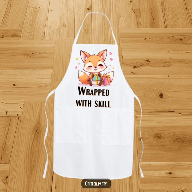 Funny fox juggling apron showing a winking fox character juggling small, brightly colored gift boxes, ideal for kitchen antics.