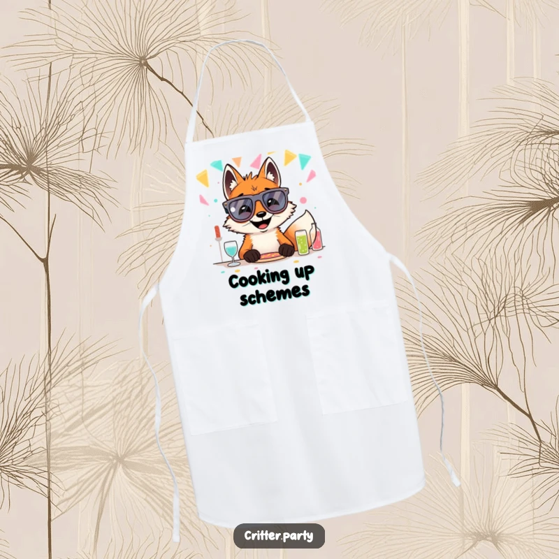 Funny grinning fox wearing oversized novelty glasses, at a party table, printed on a practical apron for a humorous cooking experience.