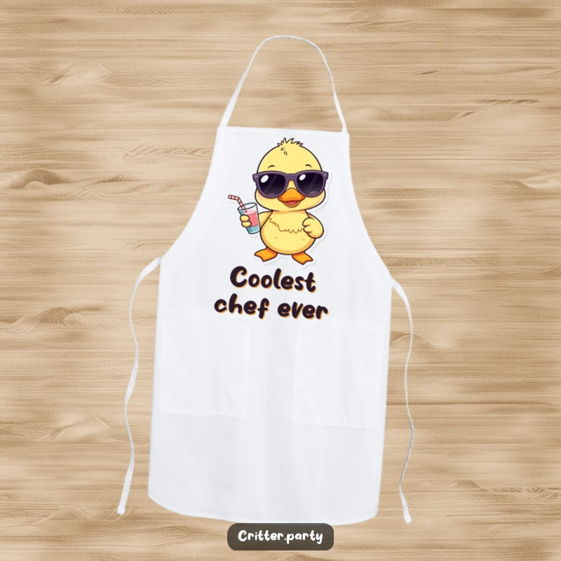 Funny Kawaii duckling wearing sunglasses and holding a tiny drink while wearing this apron, bringing cool humor to cooking.