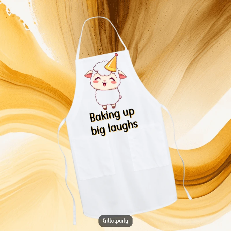 Funny Kawaii sheep in a party crown, giggling while wearing this apron, perfect for a humorous cooking statement.