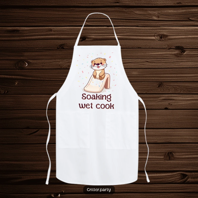 Funny apron showcasing a playful otter sliding down a confetti slide, perfect for adding humor to cooking and baking.