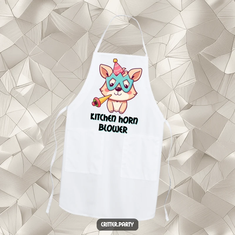 Funny apron featuring a cheerful animal in a silly mask, blowing a party horn, ready for a festive gathering.