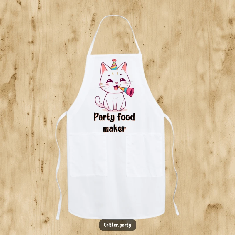 Funny apron showing a cheerful cat wearing a party hat and blowing a tiny party horn with great enthusiasm.