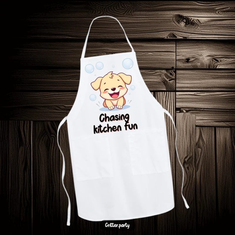 Funny apron featuring a playful puppy with a gleeful expression, chasing bubbles, perfect for a fun-loving cook.