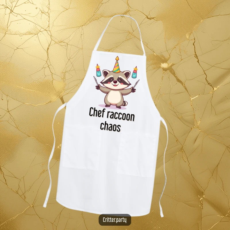 Funny apron showcasing a raccoon energetically juggling party horns, perfect for adding humor to cooking and baking activities.