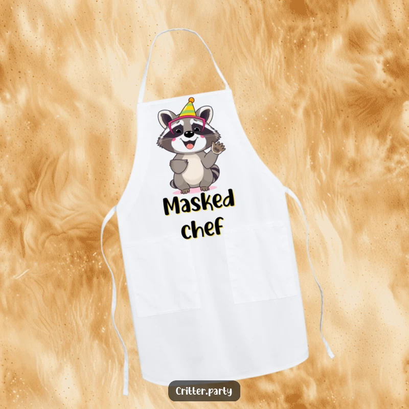 Funny raccoon apron with a happy character wearing a colourful party mask, enthusiastically clapping its paws while cooking.