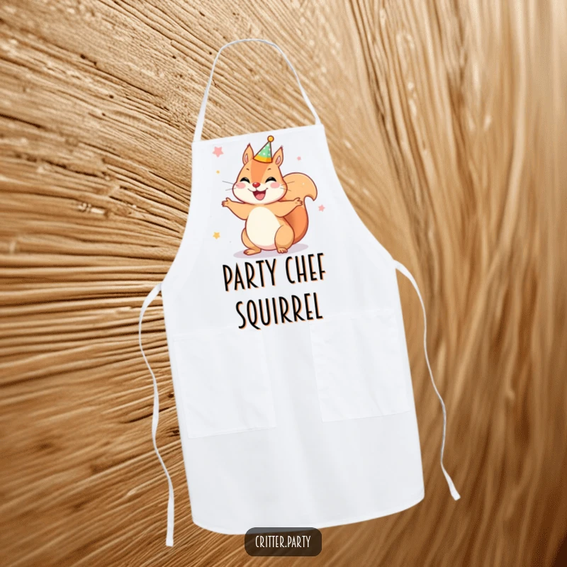 Funny apron featuring a joyful squirrel wearing a tiny party crown, spinning around with ecstatic delight, for a fun and humorous cooking experience.