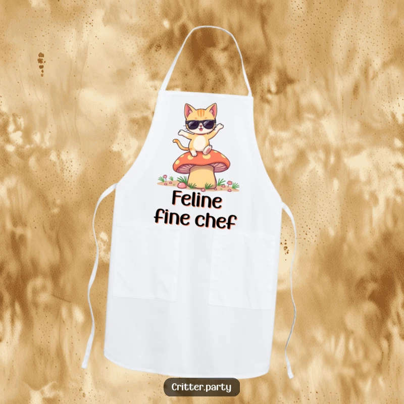 Funny apron featuring a winking cat wearing sunglasses, dancing on a large, colorful mushroom while cooking.