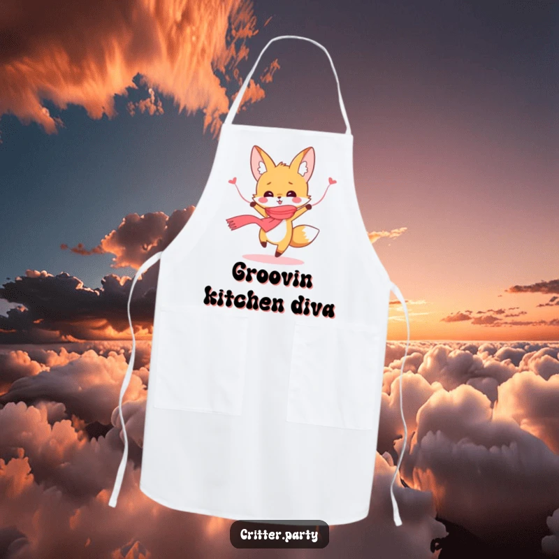 Funny cute fox character in joyful dance mode, wearing a streamer scarf, on a functional kitchen apron, perfect funny gift.