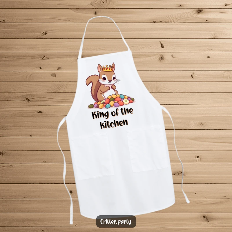 Funny apron showcasing a crowned squirrel overseeing a pile of treats, perfect for adding humor to cooking and baking.