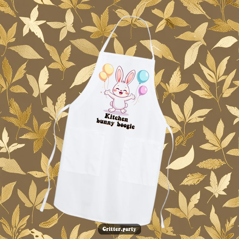 Funny apron with a cute bunny enthusiastically dancing with arms flailing, surrounded by floating balloons, perfect for cooks.