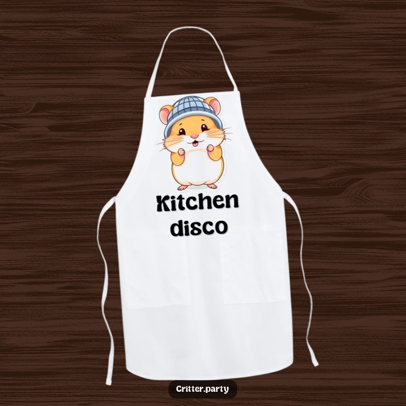 Funny hamster apron with a cute character wearing a miniature disco ball helmet, ready to cook up a disco storm.