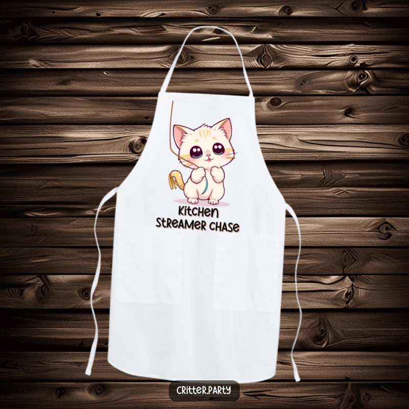 Funny apron with a small cat character playfully batting at a shiny, dangling streamer with wide eyes, perfect for cooks.