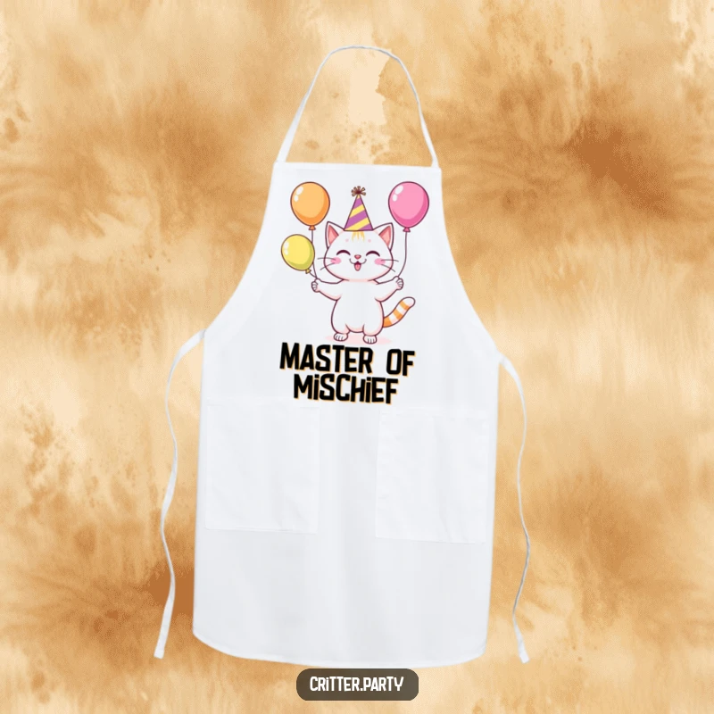 Funny cat in a party hat, juggling balloons while cooking, a humorous and practical apron for the kitchen.