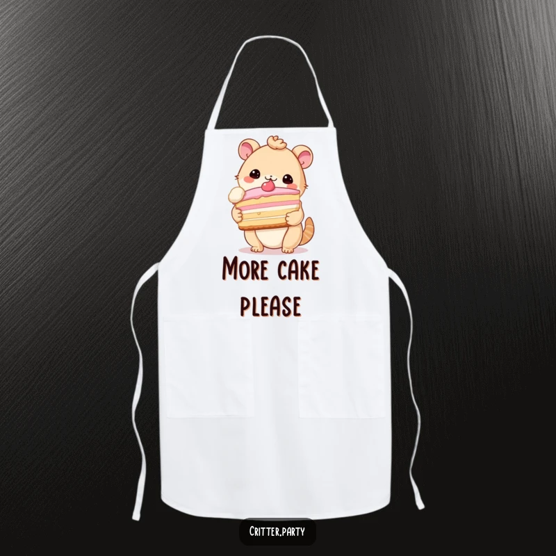 Funny apron showing a cute critter proudly holding a ridiculously large slice of cake, ready for a baking adventure.