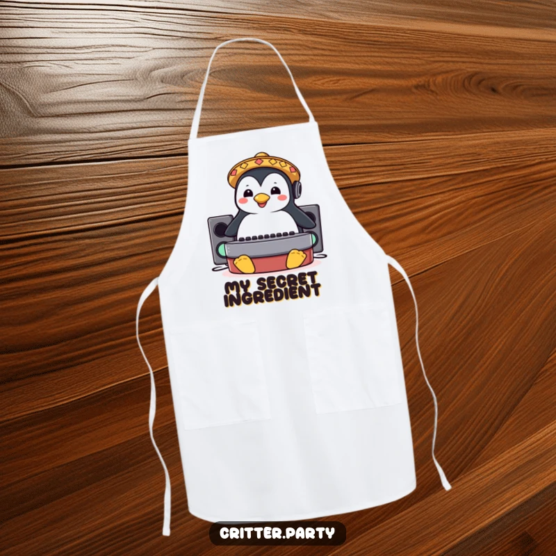 Funny apron showing a happy penguin in a sombrero sliding on a DJ booth, cooking up fun in the kitchen.