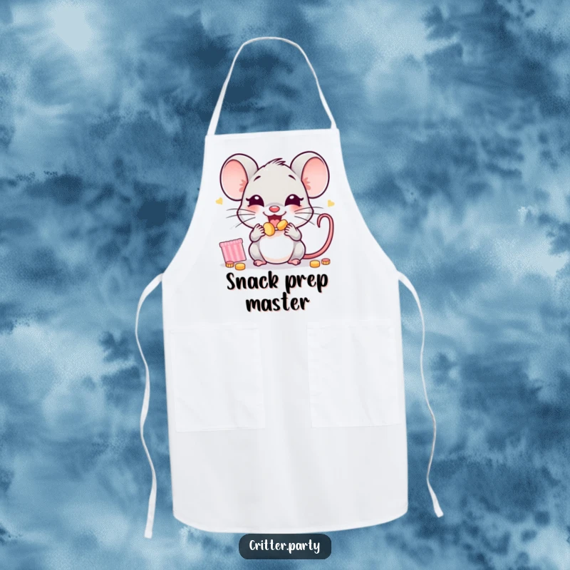 Funny mouse apron featuring a joyful little mouse character enthusiastically stuffing its cheeks with tiny party snacks, making cooking fun.