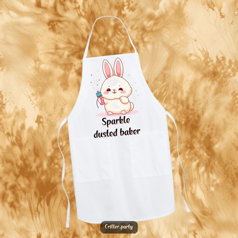 Funny bunny apron featuring a fluffy bunny character being showered with glitter from a party popper, making cooking more festive.