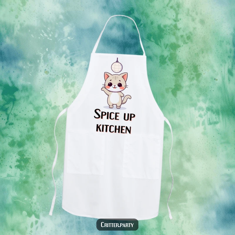 Funny kawaii cat dancing under a disco ball, a practical and stylish apron for kitchen celebrations.