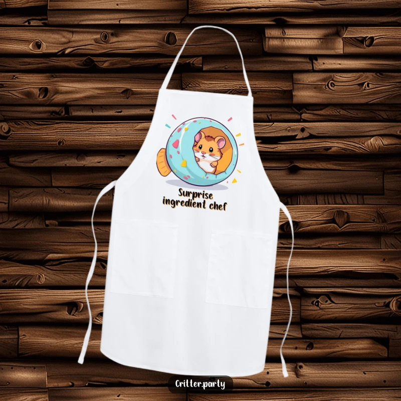 Funny apron showing a curious hamster popping out of a giant party popper, ready to cook with fun.