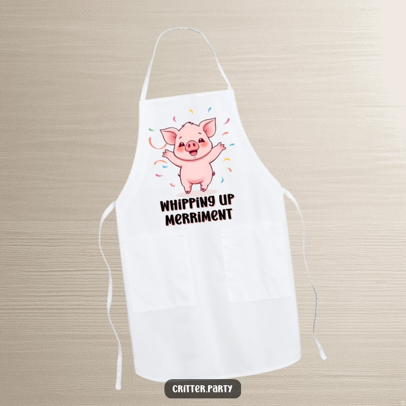 Funny Kawaii piglet character twirling with streamers while wearing this apron, bringing humor to the kitchen.