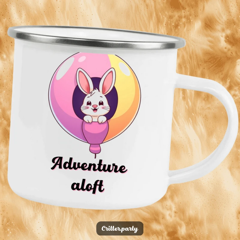 Funny camping mug featuring a giggling bunny character peeking out from a giant, colorful balloon, built for rugged fun.