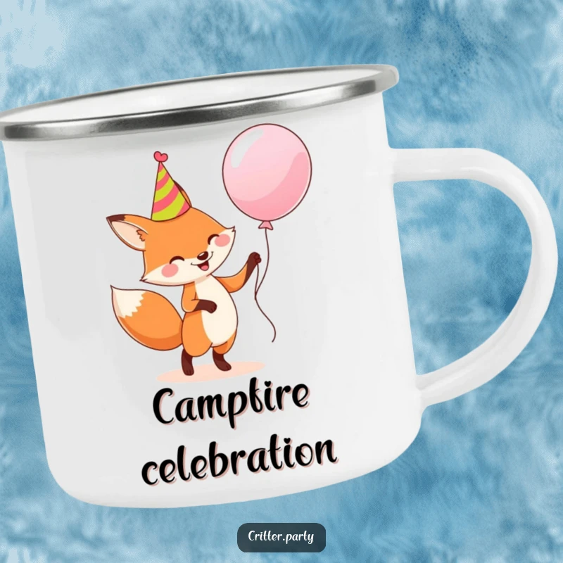 Funny camping mug: A happy fox in a party hat dancing with a large balloon, ideal for outdoor humor.