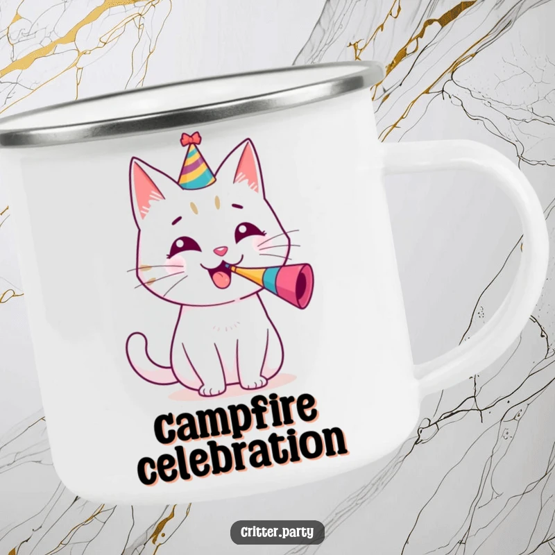 Funny camping mug featuring a cheerful cat wearing a party hat, blowing a tiny party horn with gusto.