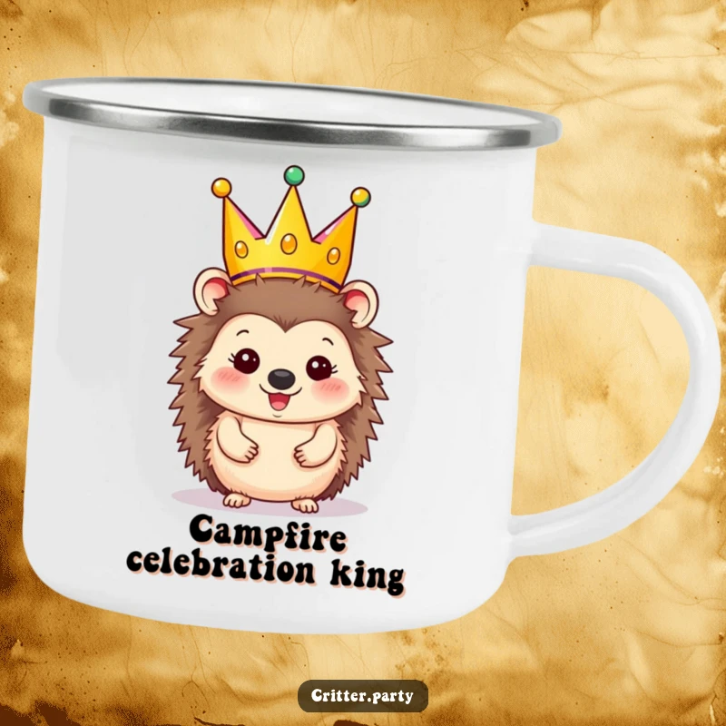 Funny Camping Mug: Happy hedgehog character wearing a festive party crown, for outdoor cheer.