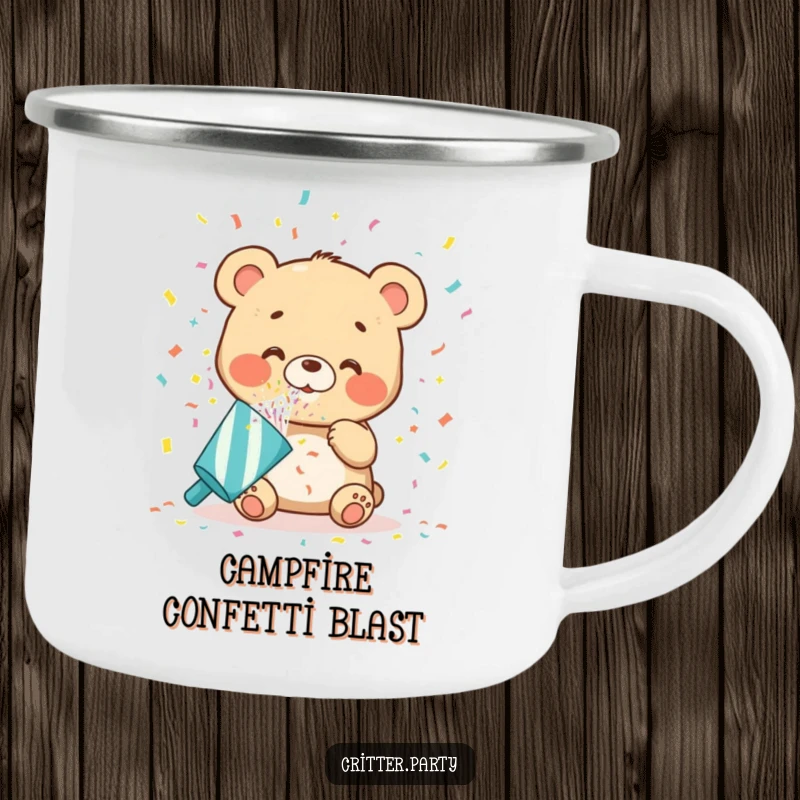 Funny bear cub camping mug blowing confetti from a party popper, perfect for outdoor fun and a dose of portable celebration, great for a funny gift.