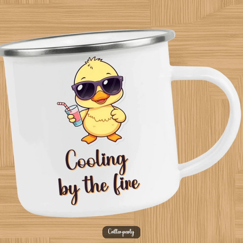 Funny Kawaii duckling wearing sunglasses and holding a tiny drink on a rugged camping mug for cool outdoor enjoyment.