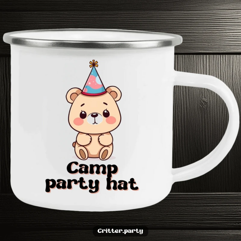 Funny bear camping mug with a small, crooked party hat, perfect for outdoor adventures and adding humor to your coffee break.