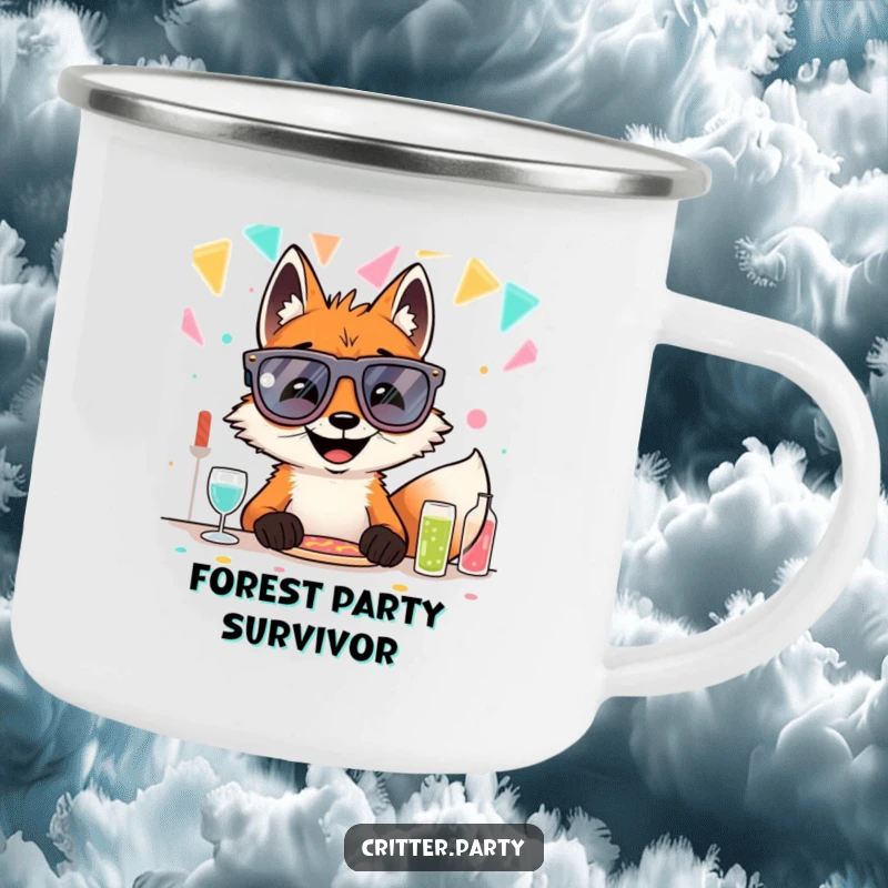 Durable funny fox camping mug with a grinning fox in oversized novelty glasses, ideal for enjoying drinks in the great outdoors.