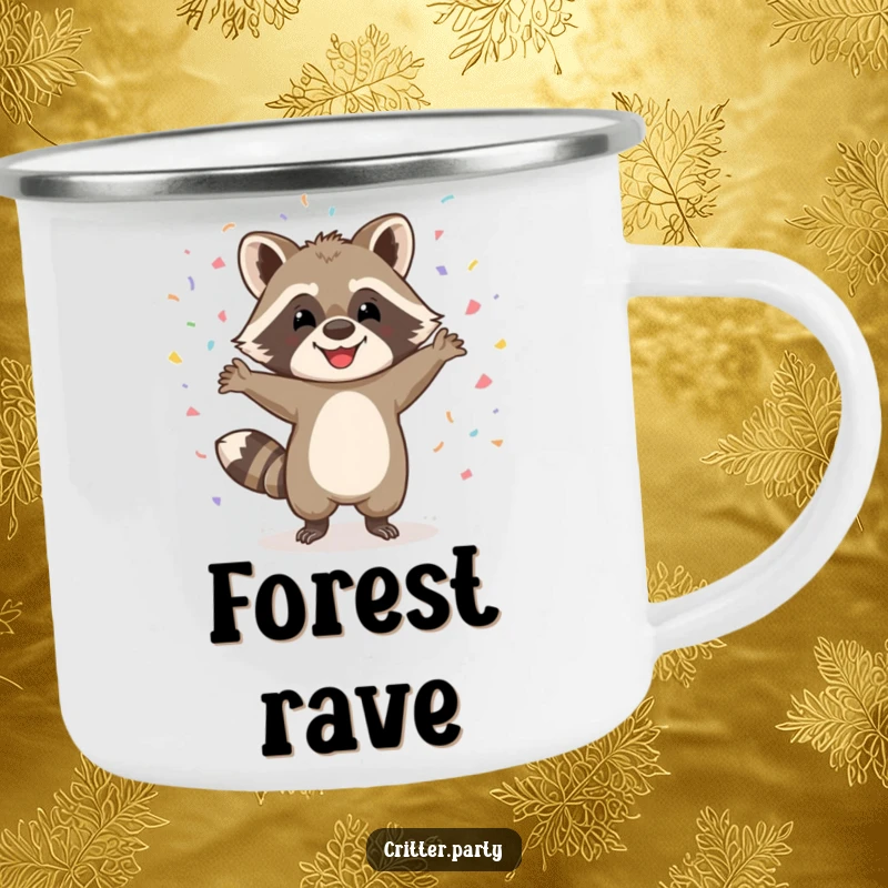 Funny camping mug depicting a happy raccoon character dancing wildly with confetti falling, perfect for outdoor festivities and coffee lovers.